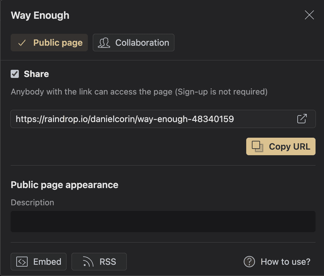 Screenshot of Raindrop.io interface showing how to share a feed
