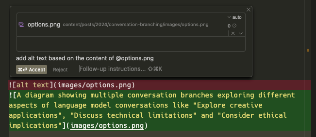 A screenshot showing Cursor’s generated alt text for an image. The alt text describes a diagram with multiple conversation branches and discusses caching approaches in Python applications